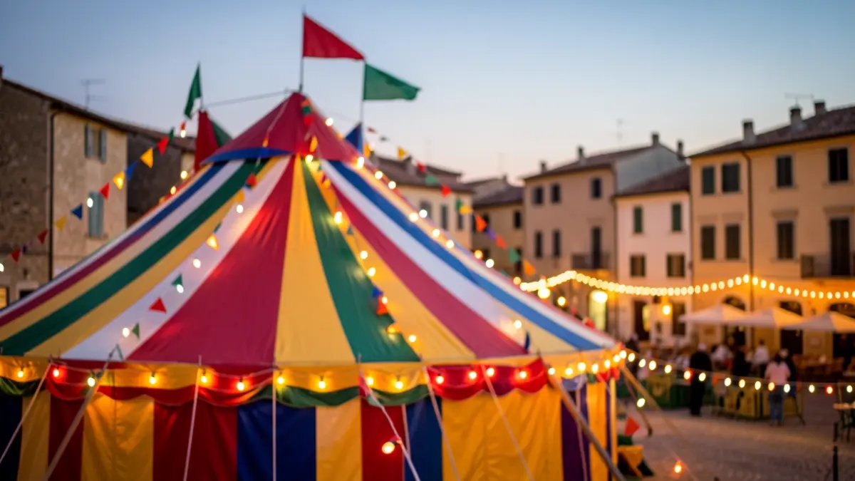 Carpa de circ il·luminada al capvespre amb un poble mediterrani al fons.