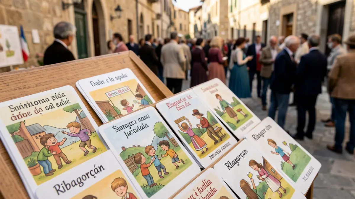 Illustrations of cards with Ribagorçan words and children playing a board game.