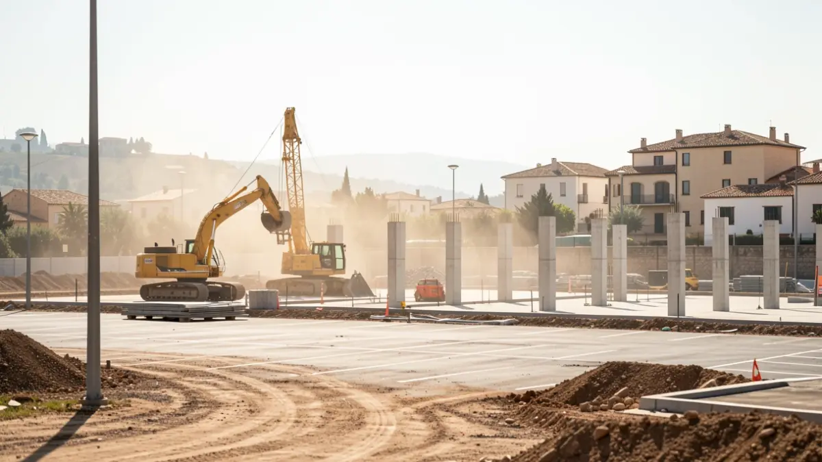 Obras de un nuevo aparcamiento en Tortosa con maquinaria y sol intenso.