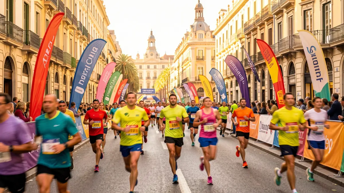 Generic image of a popular race in Barcelona with runners and emblematic buildings.