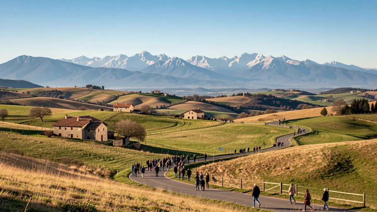 Paisatge genèric de Catalunya amb turons i masies de pedra.