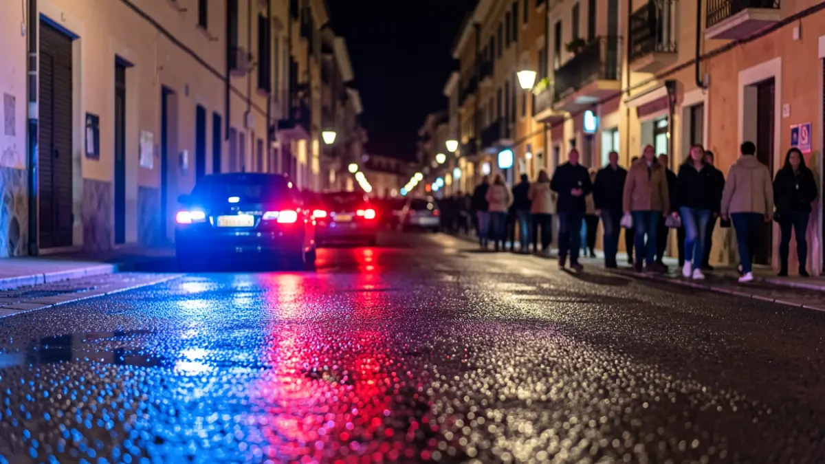 Imagen genérica de luces de emergencia policiales reflejándose en asfalto mojado por la noche.