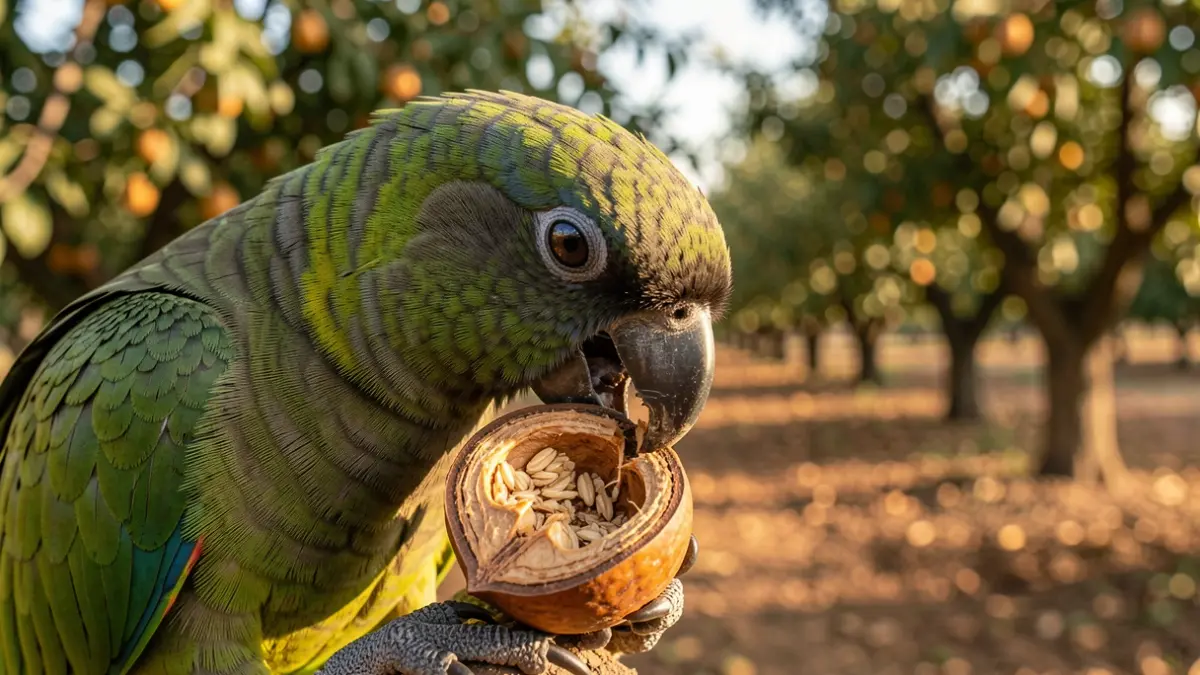 Imagen de una cotorra argentina comiéndose un fruto seco en un campo del Camp de Tarragona.