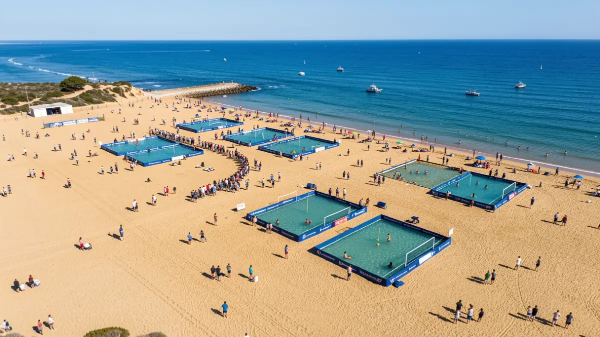 Vista aérea de la Playa Grande de Palamós con campos de waterpolo instalados en el mar.