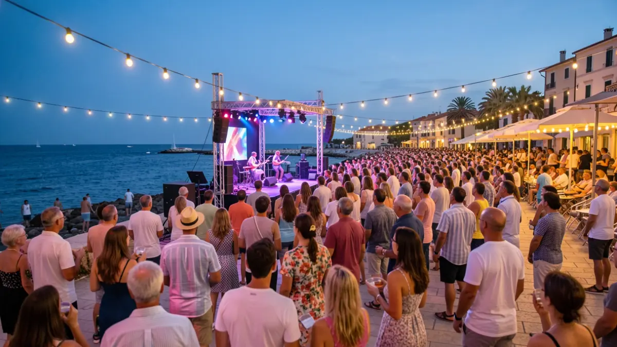 Festive stage on the promenade of Palamós during the evening.