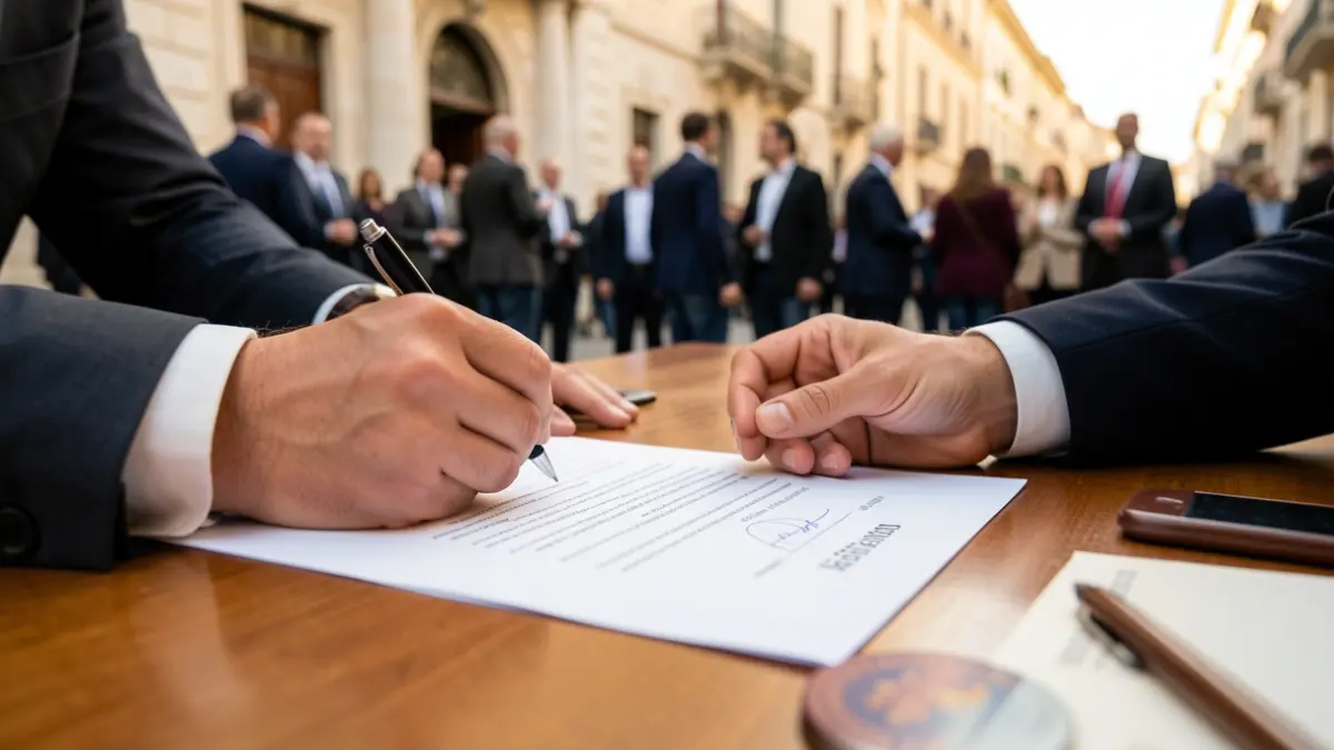 Imagen genérica de manos firmando documentos oficiales.