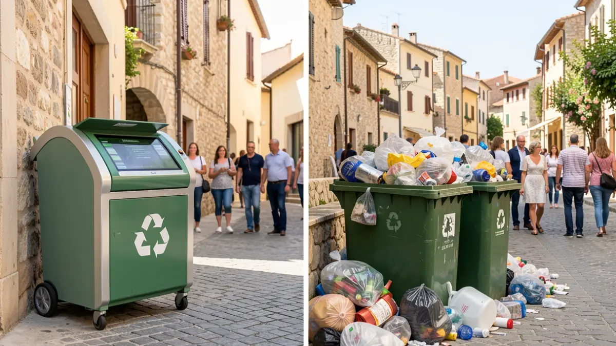 Imagen comparativa de contenedores de recogida selectiva puerta a puerta y contenedores tradicionales.