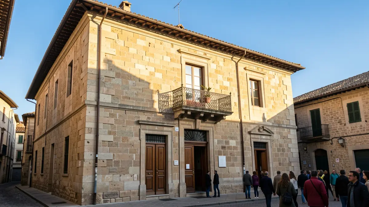 Fachada del Ayuntamiento de Tàrrega bajo un cielo azul y luz de tarde.