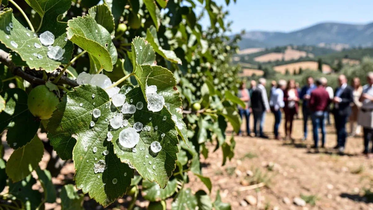 Pedra escampada sobre fulles i branques de fruiters danyades.