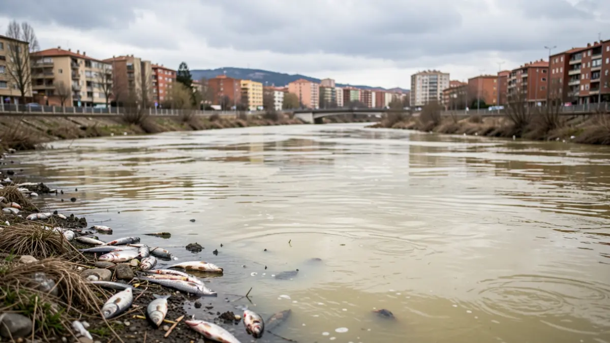Polluted stretch of the Ripoll River in Sabadell with dead fish on the bank and murky water.