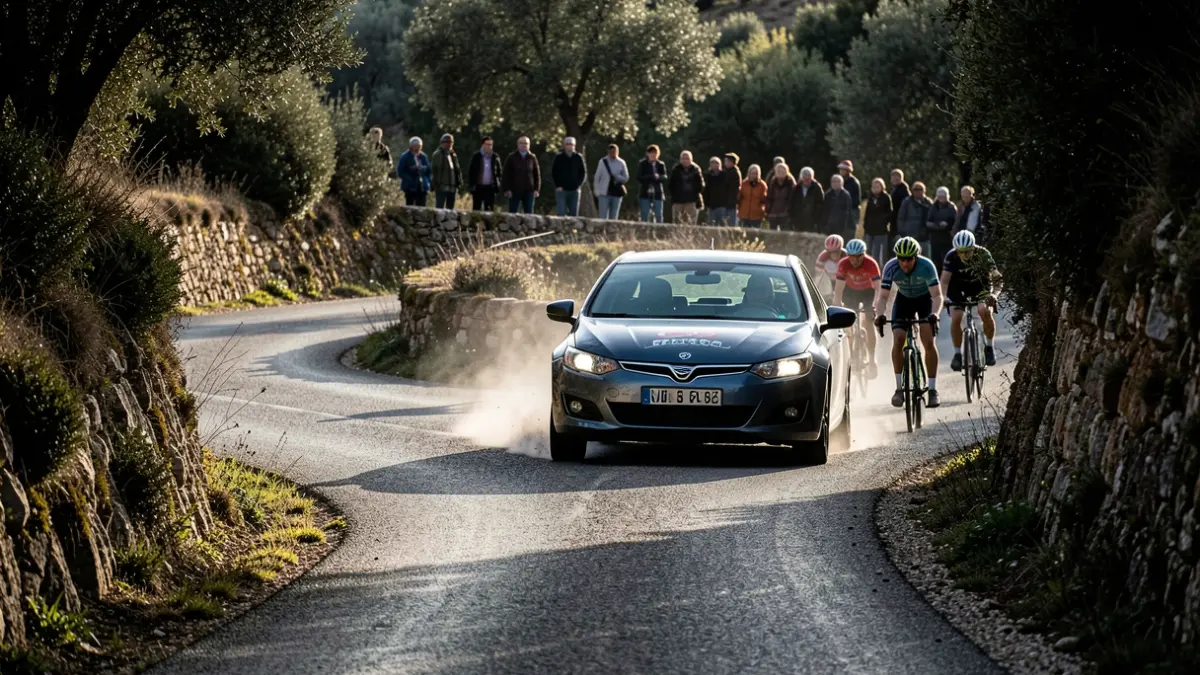 Image of a car invading the opposite lane on a sharp curve in Vilaplana, endangering cyclists.