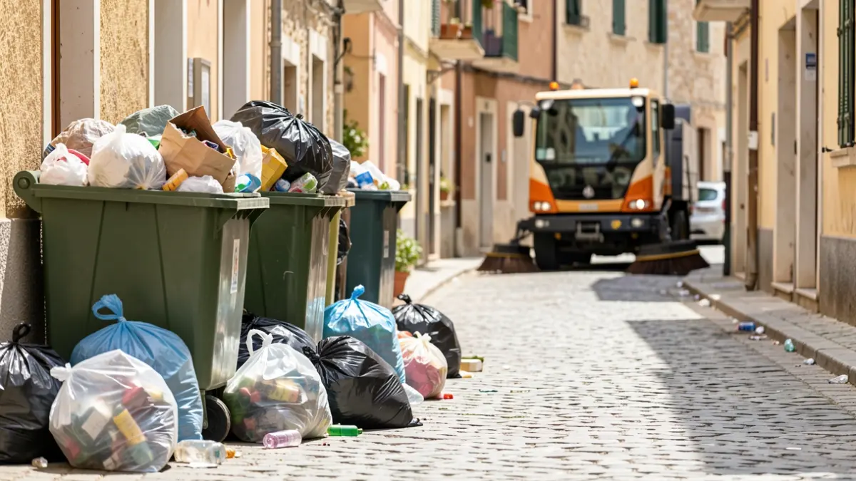 Imagen de una calle sucia con contenedores desbordados en Terrassa.