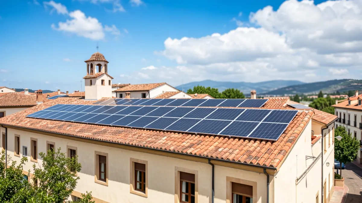 Panells solars instal·lats a la coberta d'un centre educatiu públic a Catalunya.