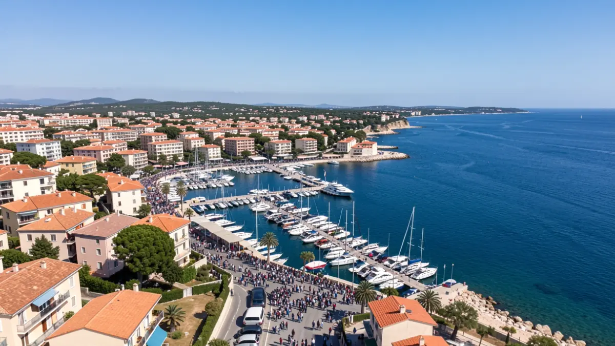 Aerial view of the Platja d'Aro coast with buildings and the marina.