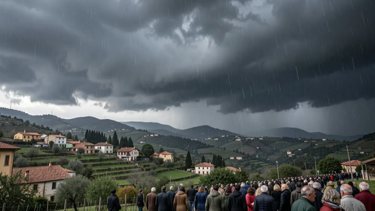 Cel enfosquit per tempestes amb pluja i calamarsa sobre paisatge català.