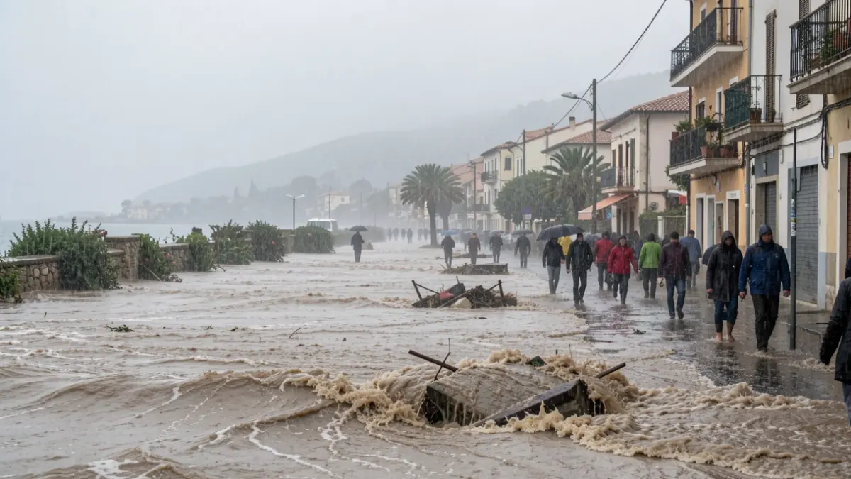 Generic image of torrential rain in a Mediterranean coastal city.