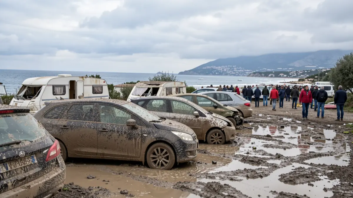 Generic image of muddy cars at a campsite after torrential rains.