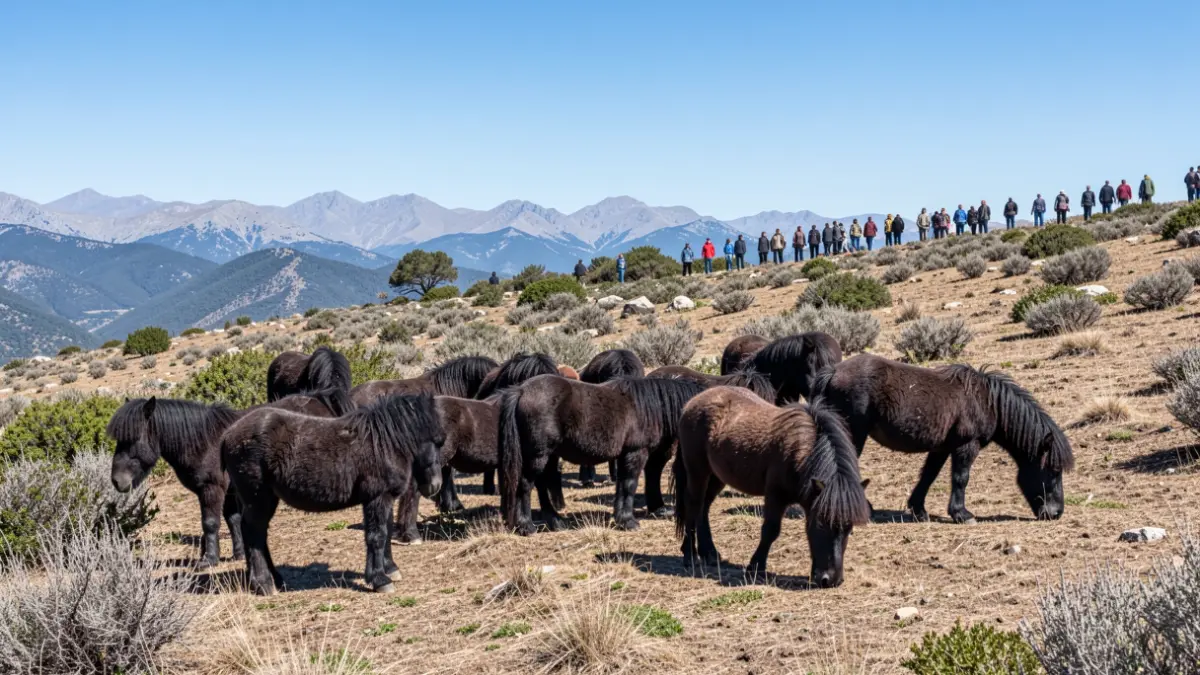Una manada de ponis pottoka pastando en un terreno seco en el Alt Urgell.