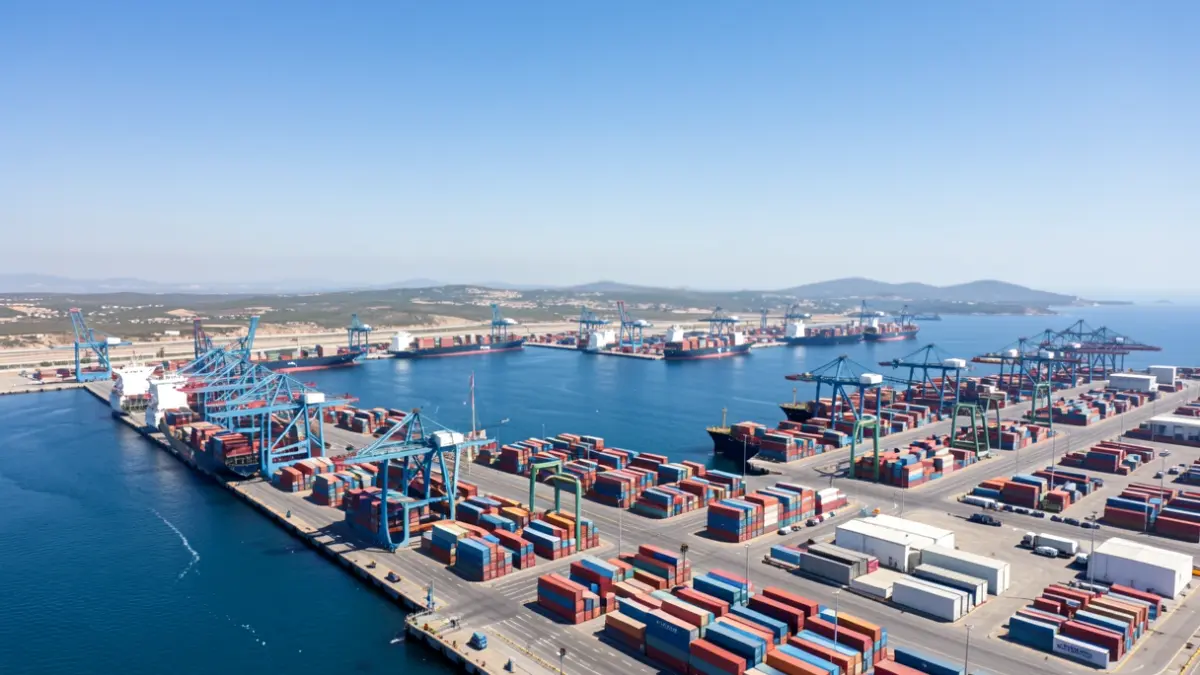 Aerial view of a Mediterranean port with ships and cranes.