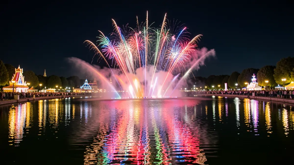 Imatge genèrica d'un espectacle nocturn amb aigua i focs artificials en un parc temàtic.