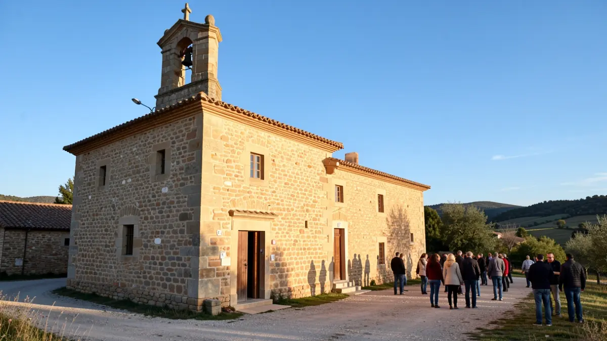 Exterior view of the Sant Muç hermitage, a historic stone building with a bell tower, under a blue sky.
