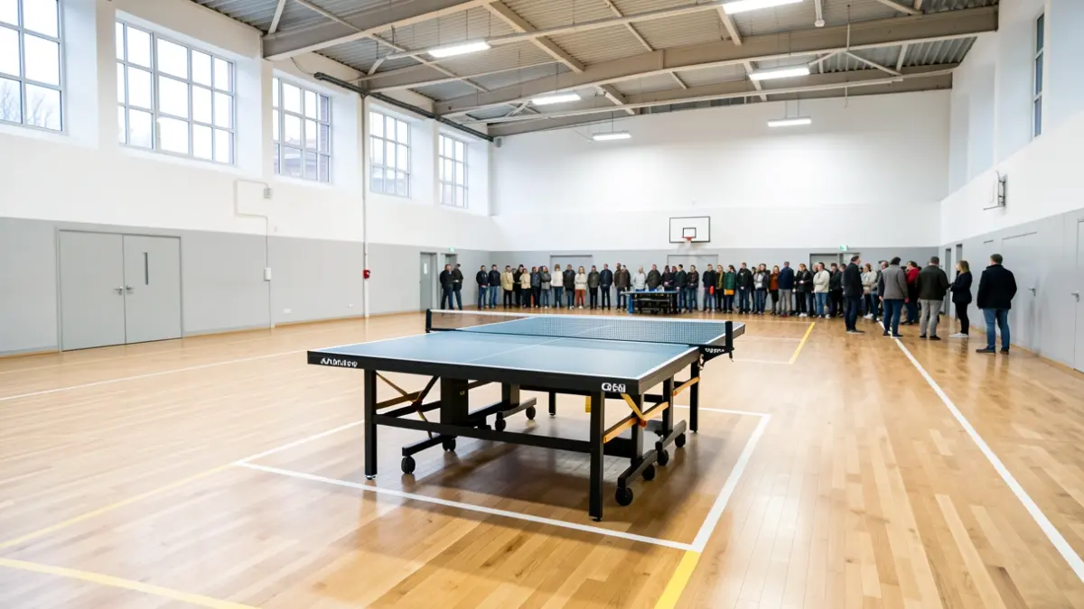 Imagen genérica de una sala de deportes con una mesa de ping-pong.