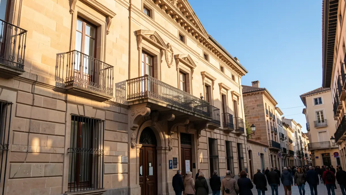 Fachada de piedra de un ayuntamiento catalán con balcón y barandillas de hierro, luz cálida de tarde.