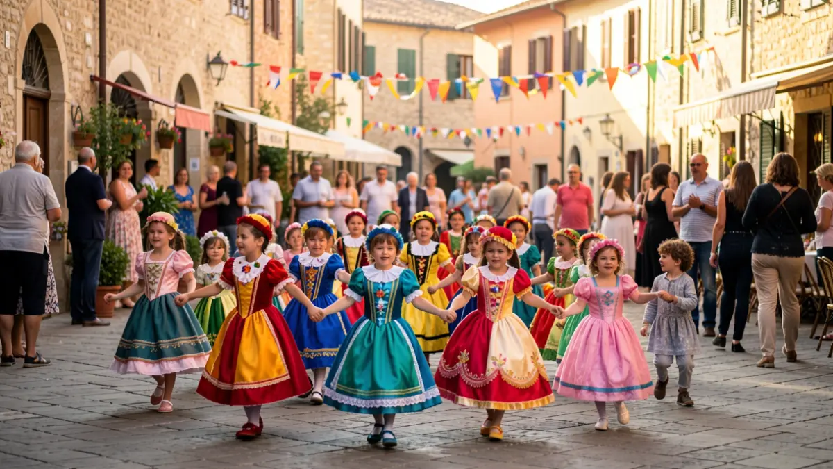 Niños y niñas disfrazados desfilando por la plaza de la Seu d'Urgell durante la Fiesta Mayor.