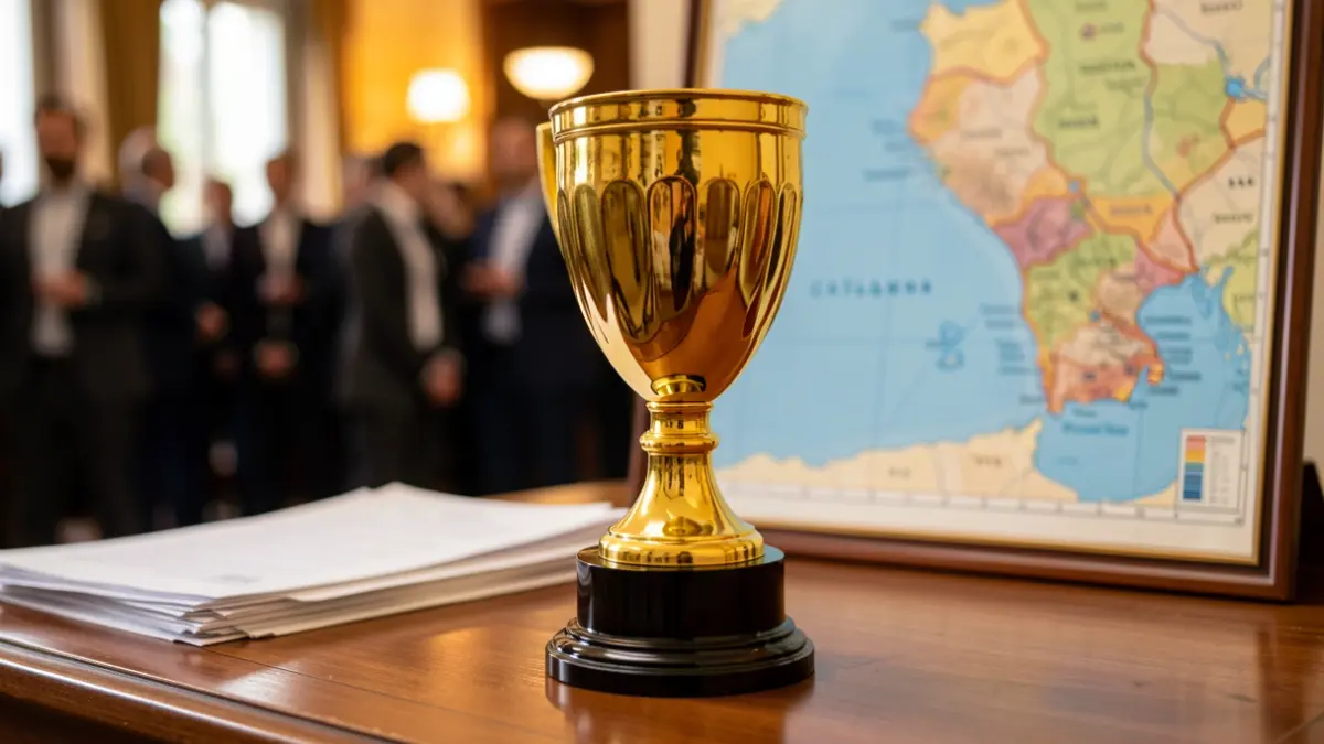 Tourism award with documentation and map of the Costa Daurada in the background.