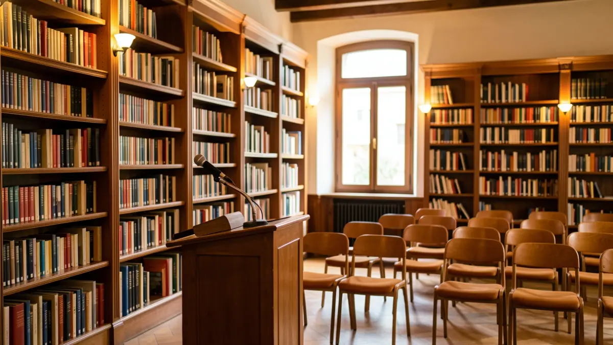 Generic image of a library with a microphone set up for a presentation.