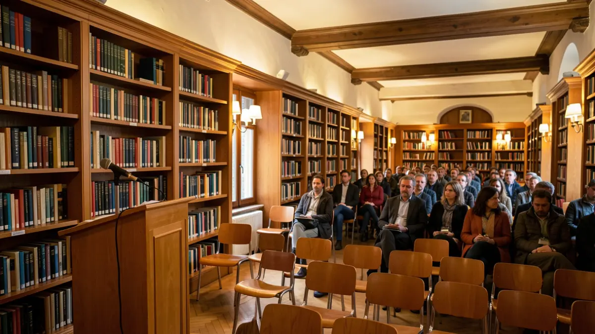 Imatge genèrica d'una biblioteca amb llibres i un micròfon.