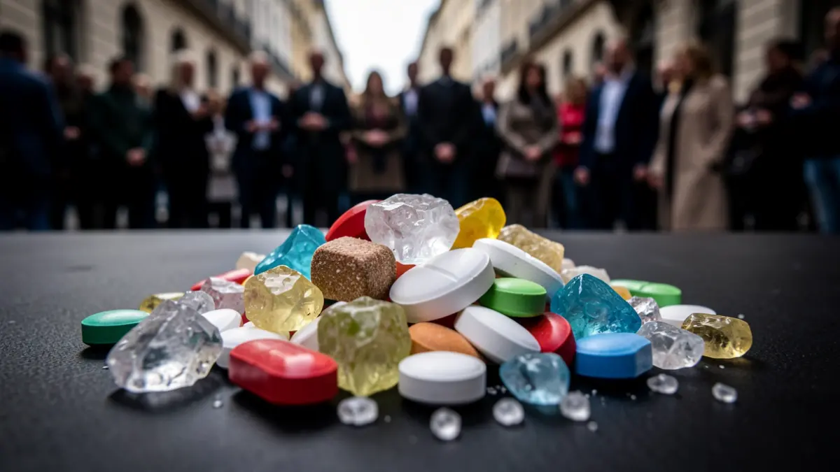 Image of synthetic drugs in crystalline and pill form.