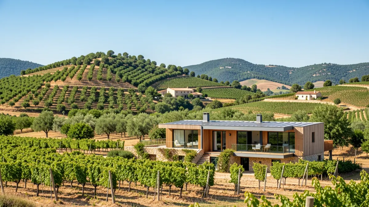 Paisatge de la Terra Alta amb cultius i un edifici innovador.