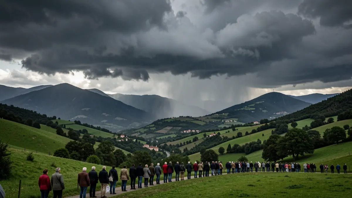 Ominous sky with storm clouds over a mountainous landscape in Catalonia.