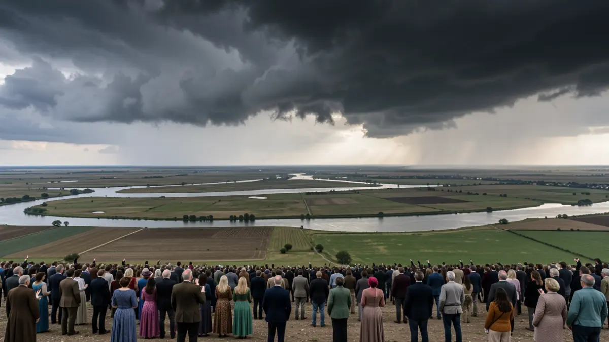Imagen genérica de nubes de tormenta sobre un delta fluvial.