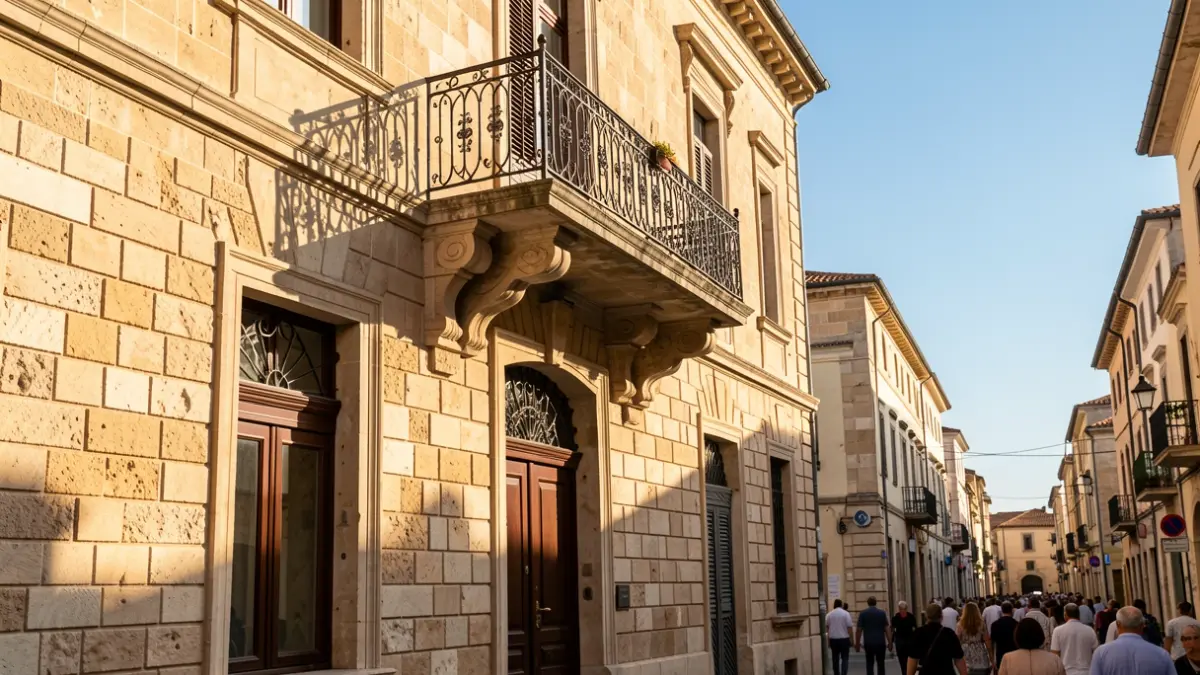 Fachada de un edificio de administración pública con balcón de hierro forjado.