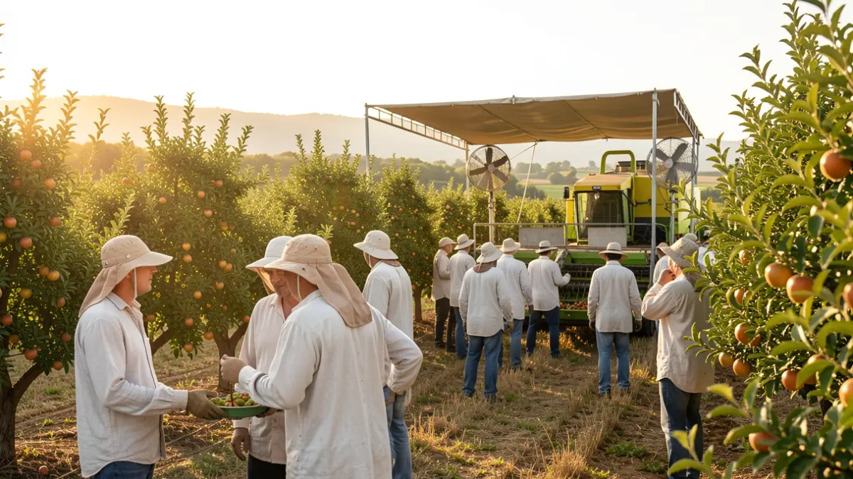 Farm workers in Lleida wearing special clothing and machines with shade and fans to combat the heat.
