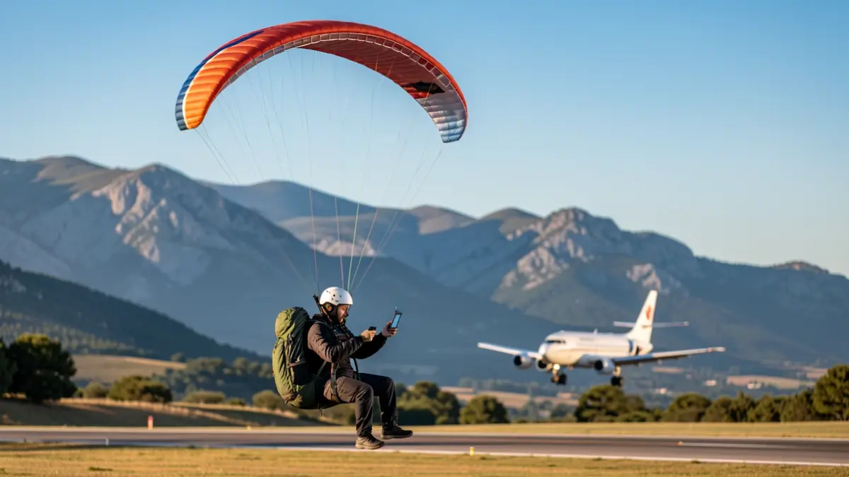 Paraglider connected to an application flying over an area near La Seu d'Urgell airport.