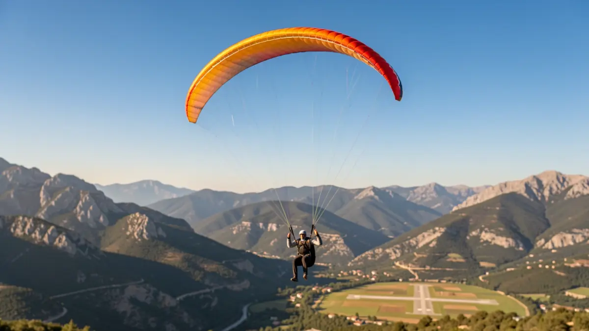 Generic image of a paraglider flying over mountains near an airport.