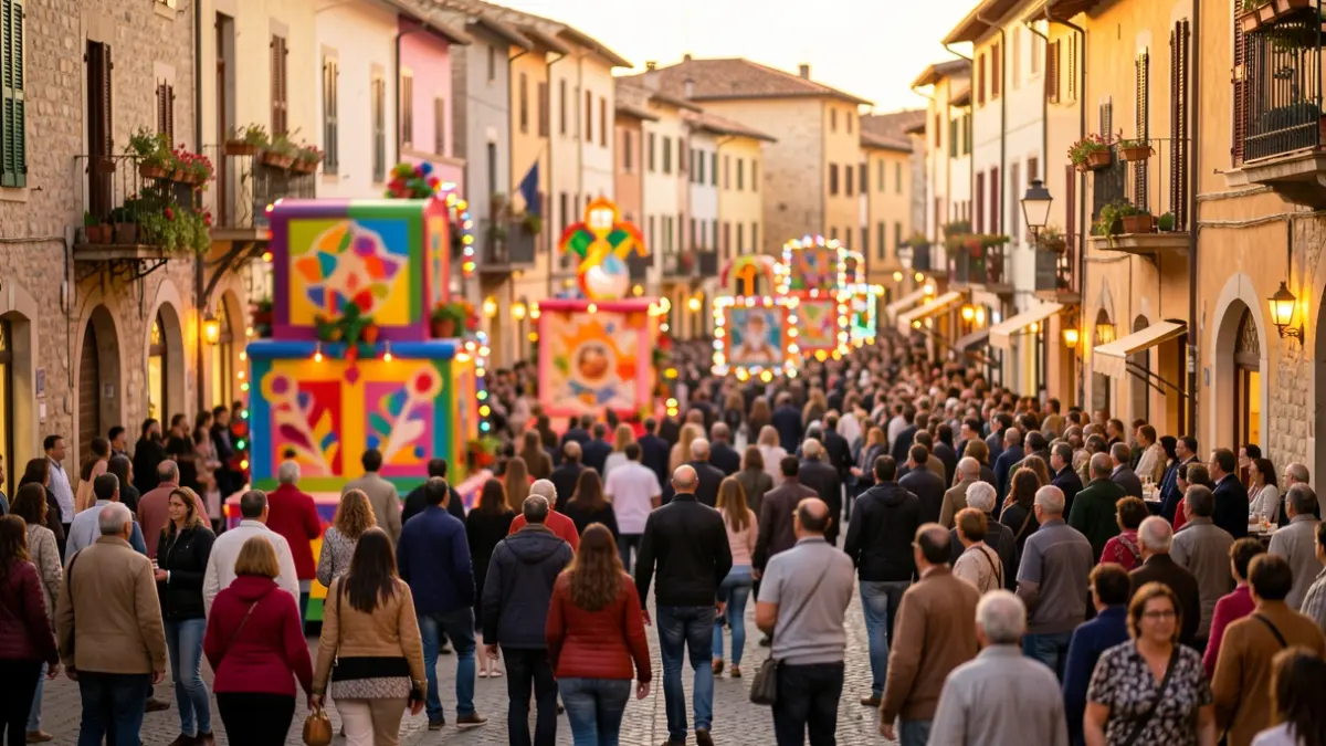 Generic image of a popular festival with floats and people in the street.
