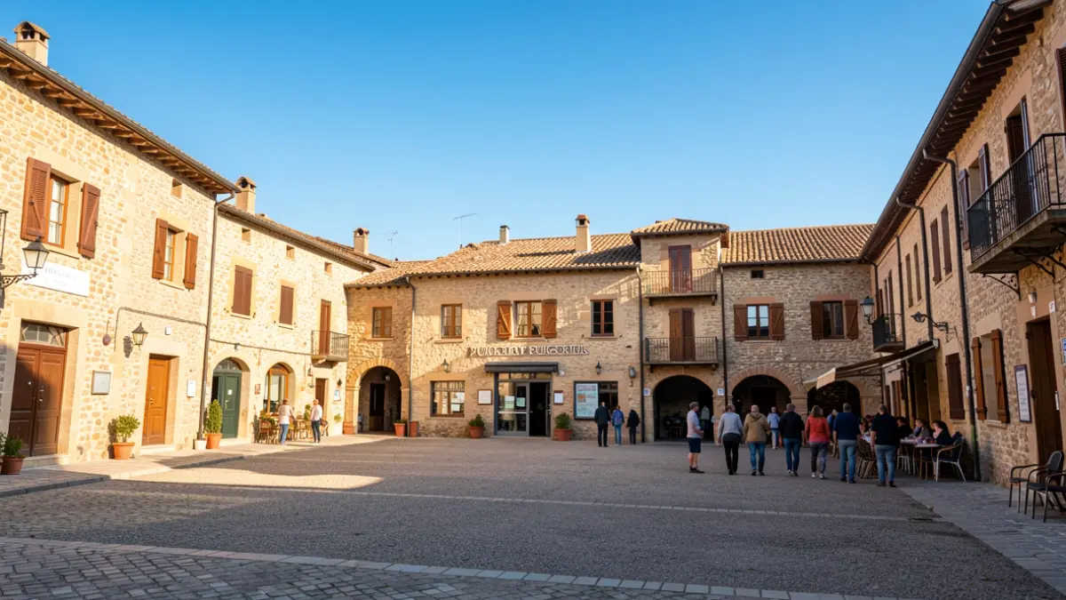 Panoramic view of Puigcerdà square with stone buildings under a blue sky.