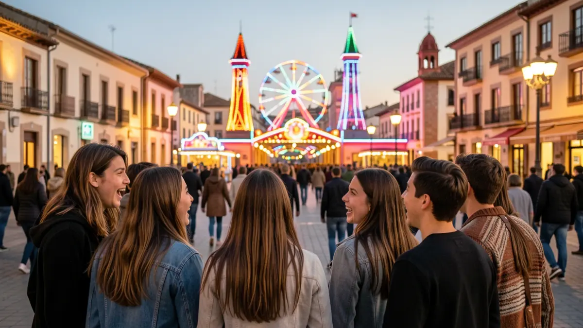 Young people looking towards the entrance of PortAventura World at dusk.