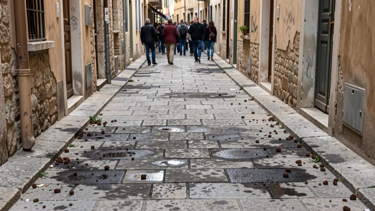 Generic image of a dirty street with dog urine and feces.