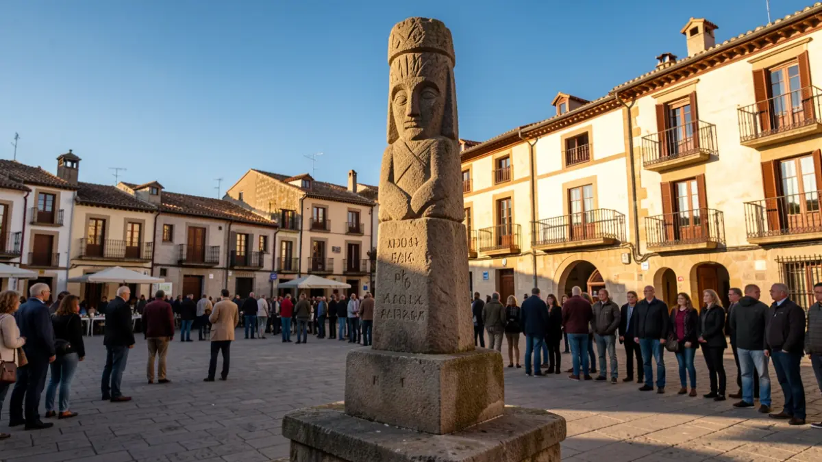 Tòtem commemoratiu a la plaça de Querol amb arquitectura tradicional catalana.