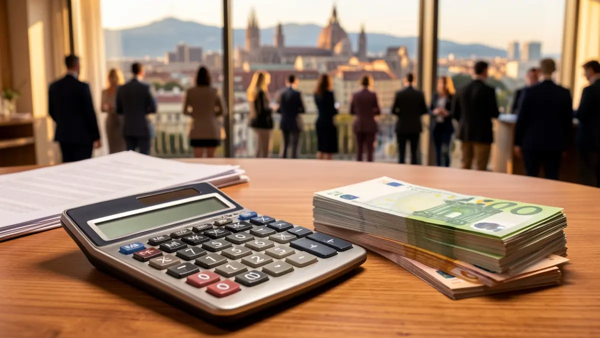 Imatge genèrica de càlculs fiscals amb diners i un fons de Barcelona.