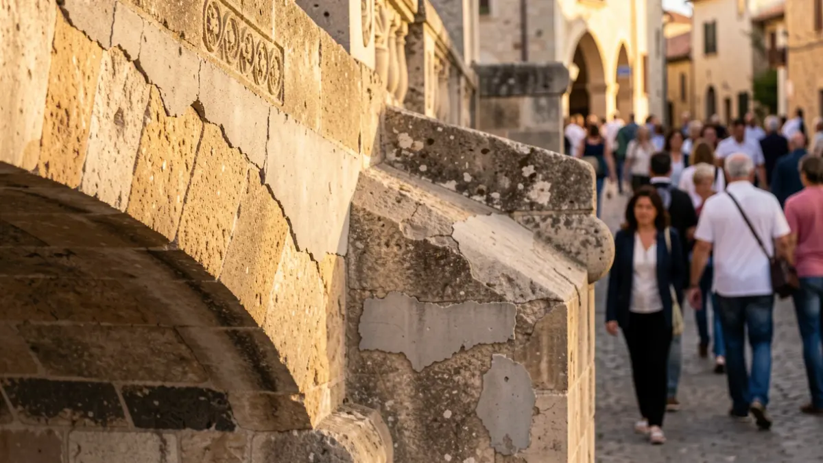 Detall d'un pont històric amb signes de rehabilitació.