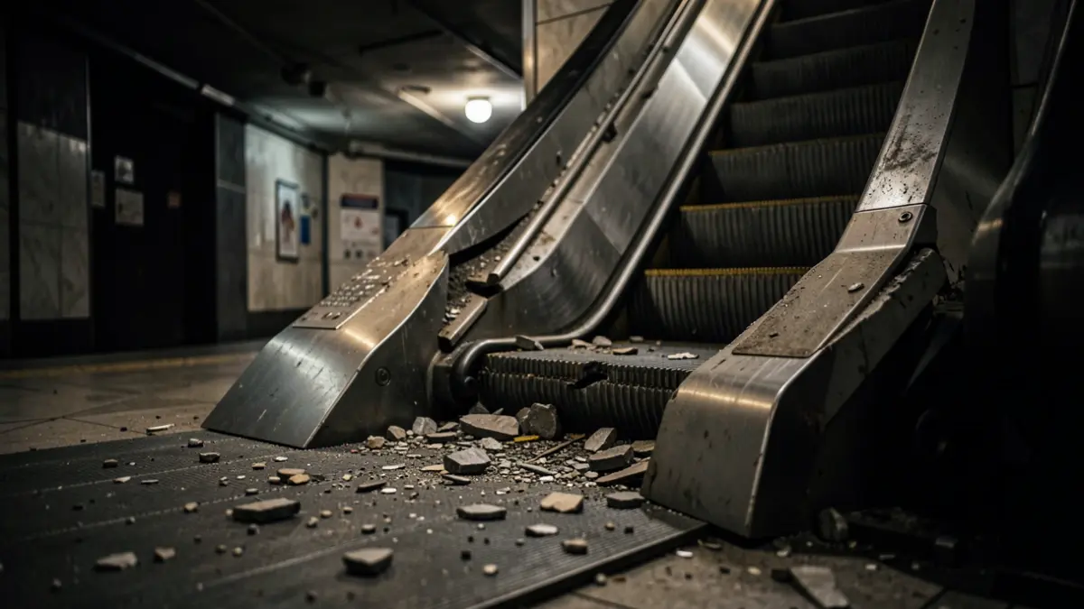 Escalera mecànica espatllada en una estació de tren.