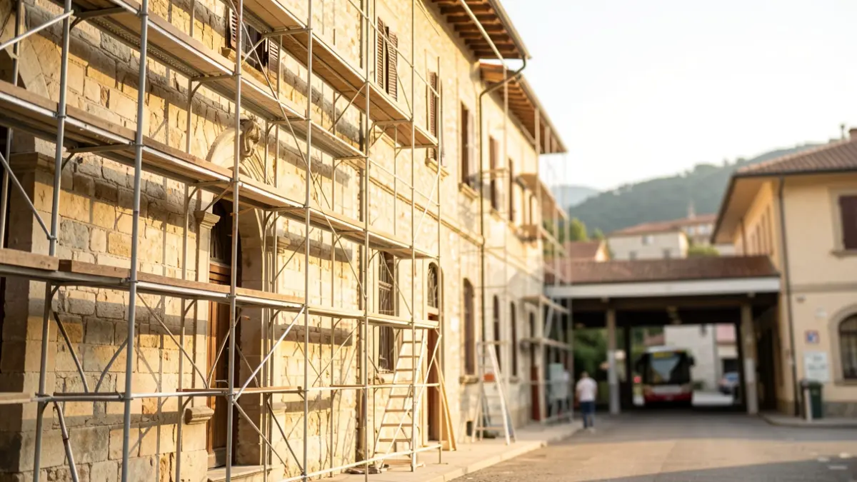 Repair work on the facade of the historic Can Gironella building in Berga.