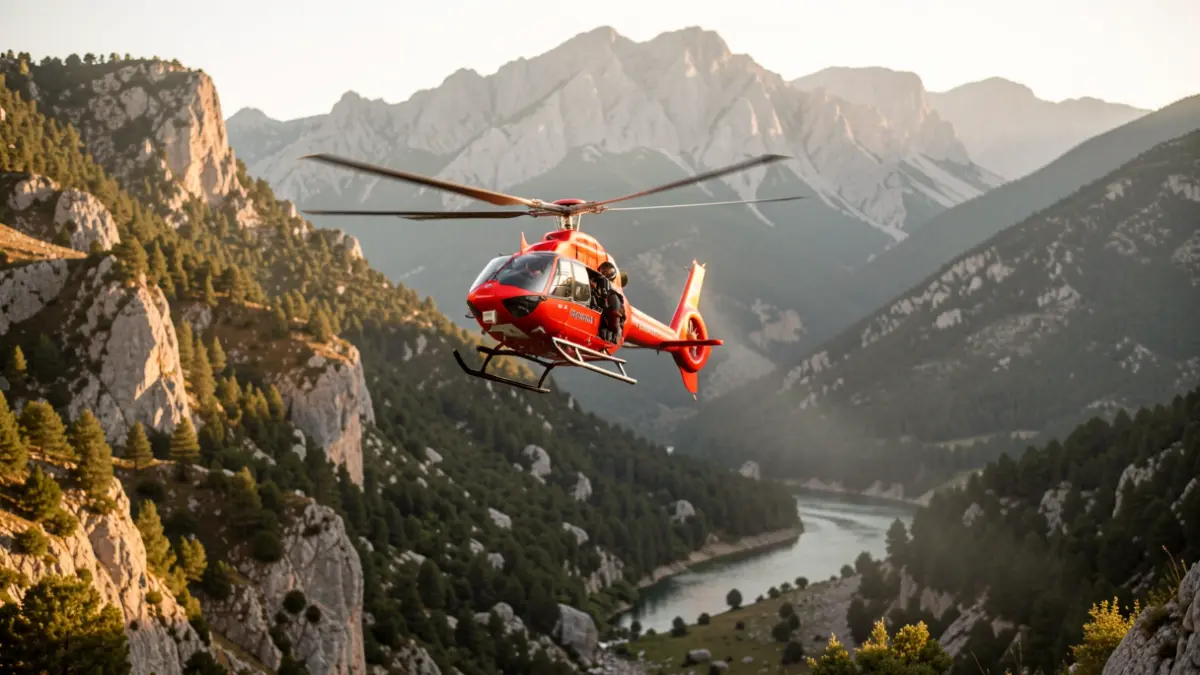 Rescue helicopter flying over a rocky and forested terrain in Queralbs.