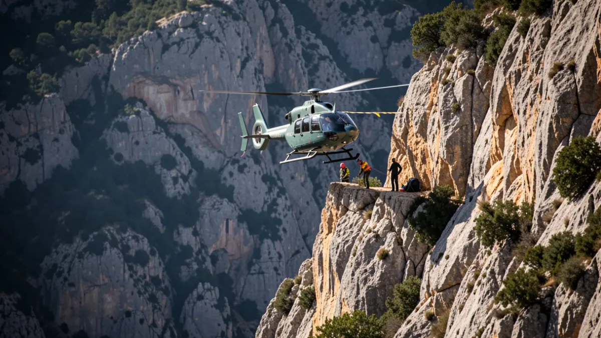 Firefighter helicopter flying over a rocky area in Ogassa where two hikers had become disoriented.
